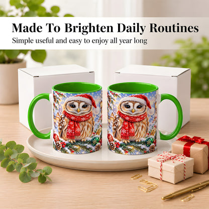 #pl[11oz|Green] Snowy Village Owl Coffee Mug, Christmas Bird Mug, Ceramic Cup