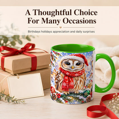 #pl[11oz|Green] Snowy Village Owl Coffee Mug, Christmas Bird Mug, Ceramic Cup