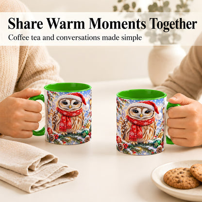 #pl[11oz|Green] Snowy Village Owl Coffee Mug, Christmas Bird Mug, Ceramic Cup