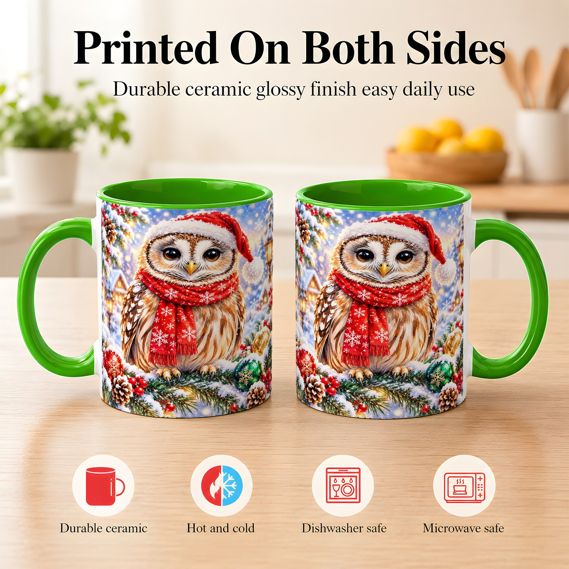 #pl[11oz|Green] Snowy Village Owl Coffee Mug, Christmas Bird Mug, Ceramic Cup