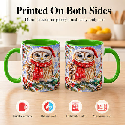 #pl[11oz|Green] Snowy Village Owl Coffee Mug, Christmas Bird Mug, Ceramic Cup
