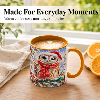 #pl[11oz|Orange] Snowy Village Owl Coffee Mug, Christmas Bird Mug, Ceramic Cup