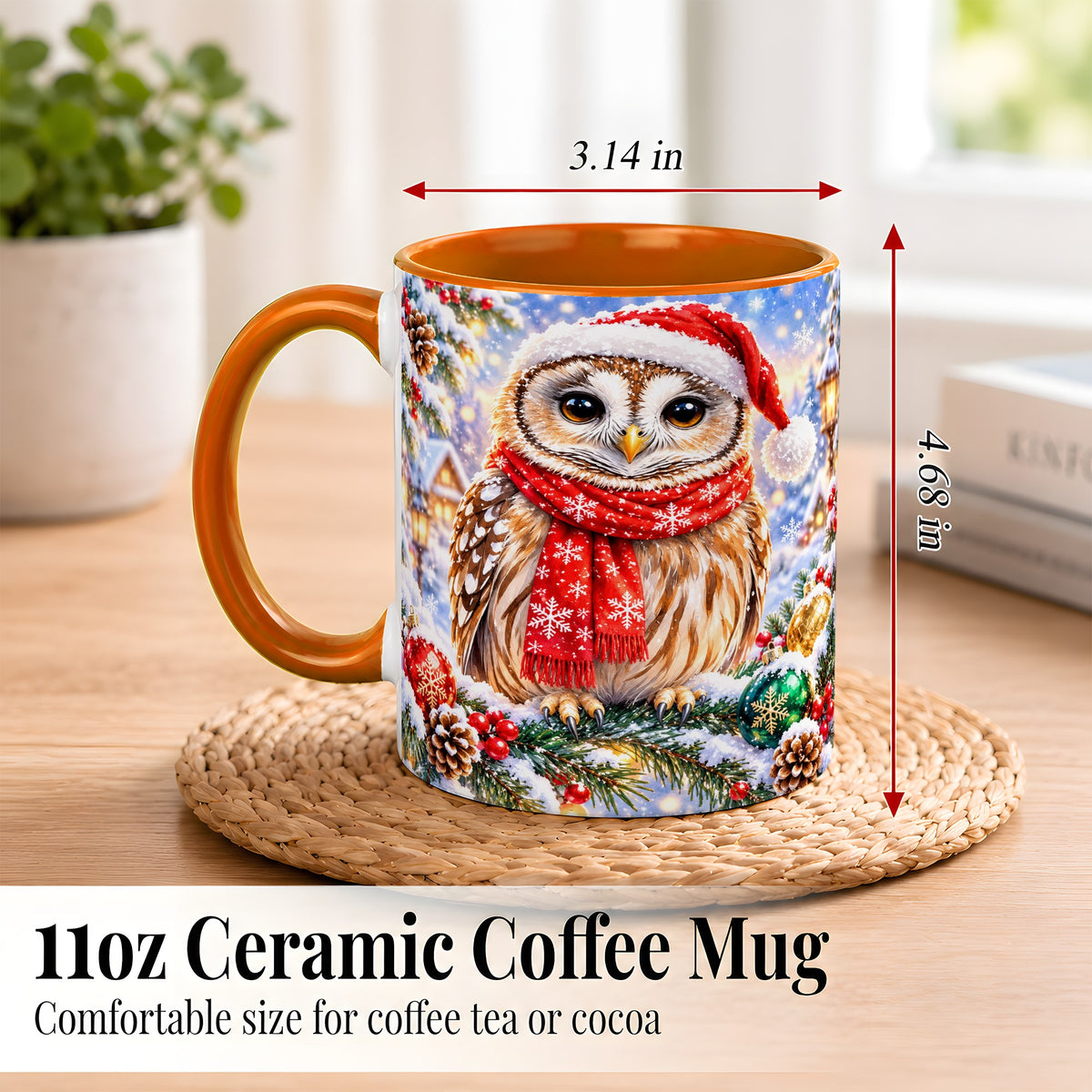 #pl[11oz|Orange] Snowy Village Owl Coffee Mug, Christmas Bird Mug, Ceramic Cup