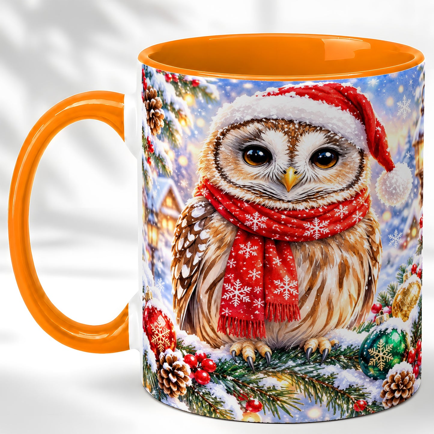 #pl[11oz|Orange] Snowy Village Owl Coffee Mug, Christmas Bird Mug, Ceramic Cup