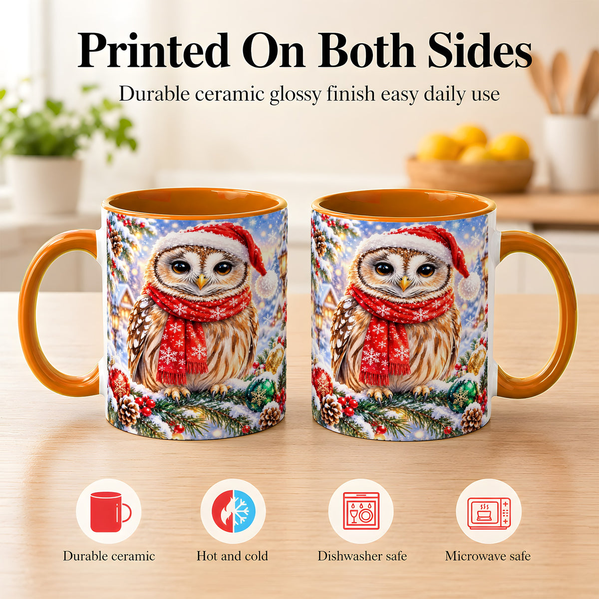 #pl[11oz|Orange] Snowy Village Owl Coffee Mug, Christmas Bird Mug, Ceramic Cup