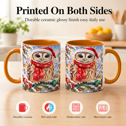 #pl[11oz|Orange] Snowy Village Owl Coffee Mug, Christmas Bird Mug, Ceramic Cup