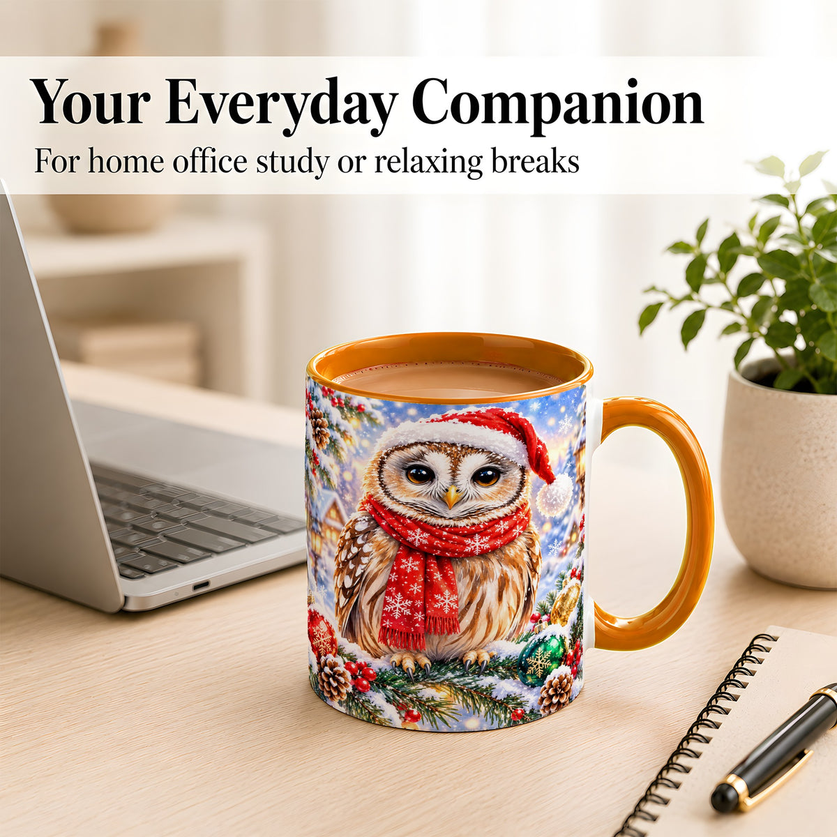 #pl[11oz|Orange] Snowy Village Owl Coffee Mug, Christmas Bird Mug, Ceramic Cup