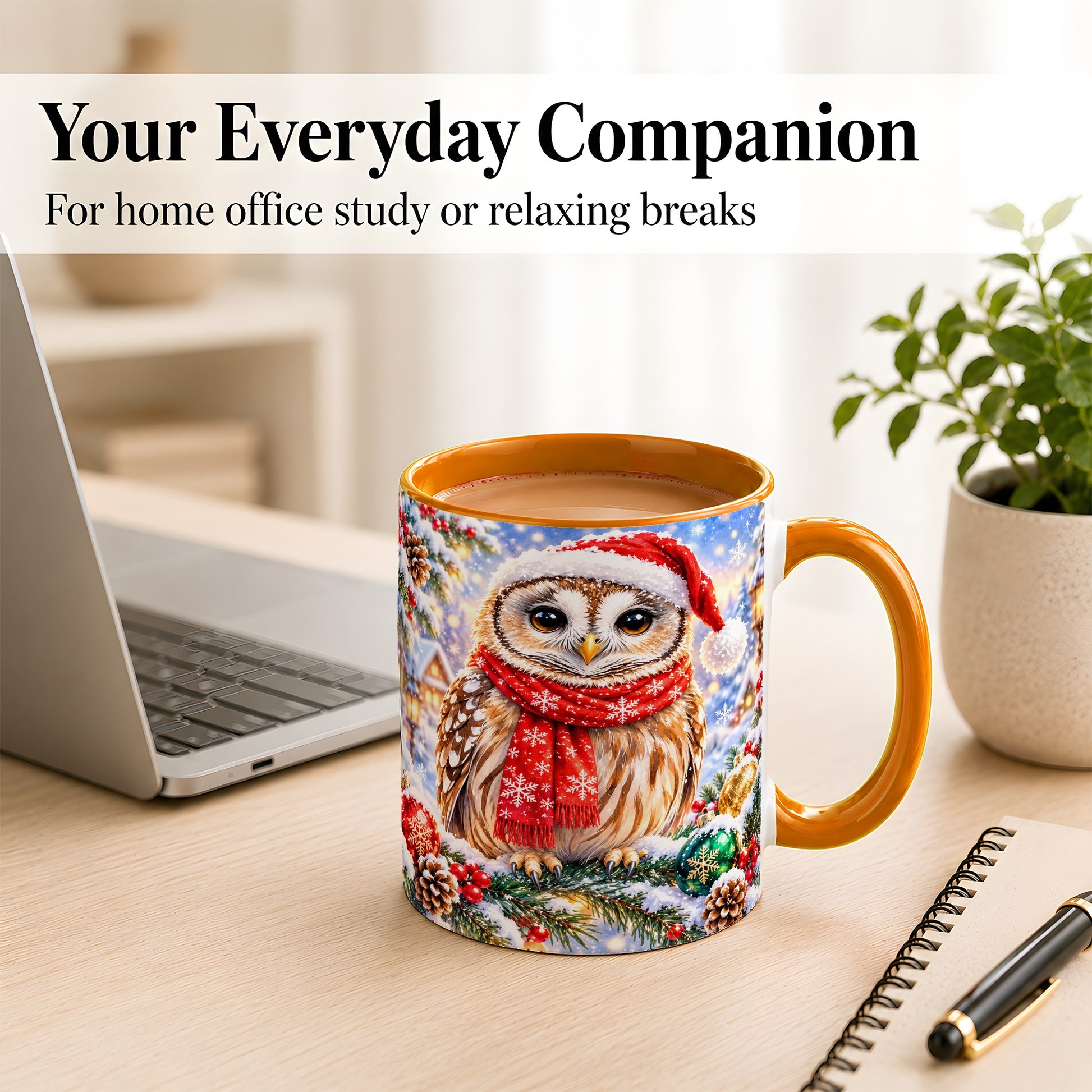 #pl[11oz|Orange] Snowy Village Owl Coffee Mug, Christmas Bird Mug, Ceramic Cup