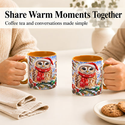 #pl[11oz|Orange] Snowy Village Owl Coffee Mug, Christmas Bird Mug, Ceramic Cup