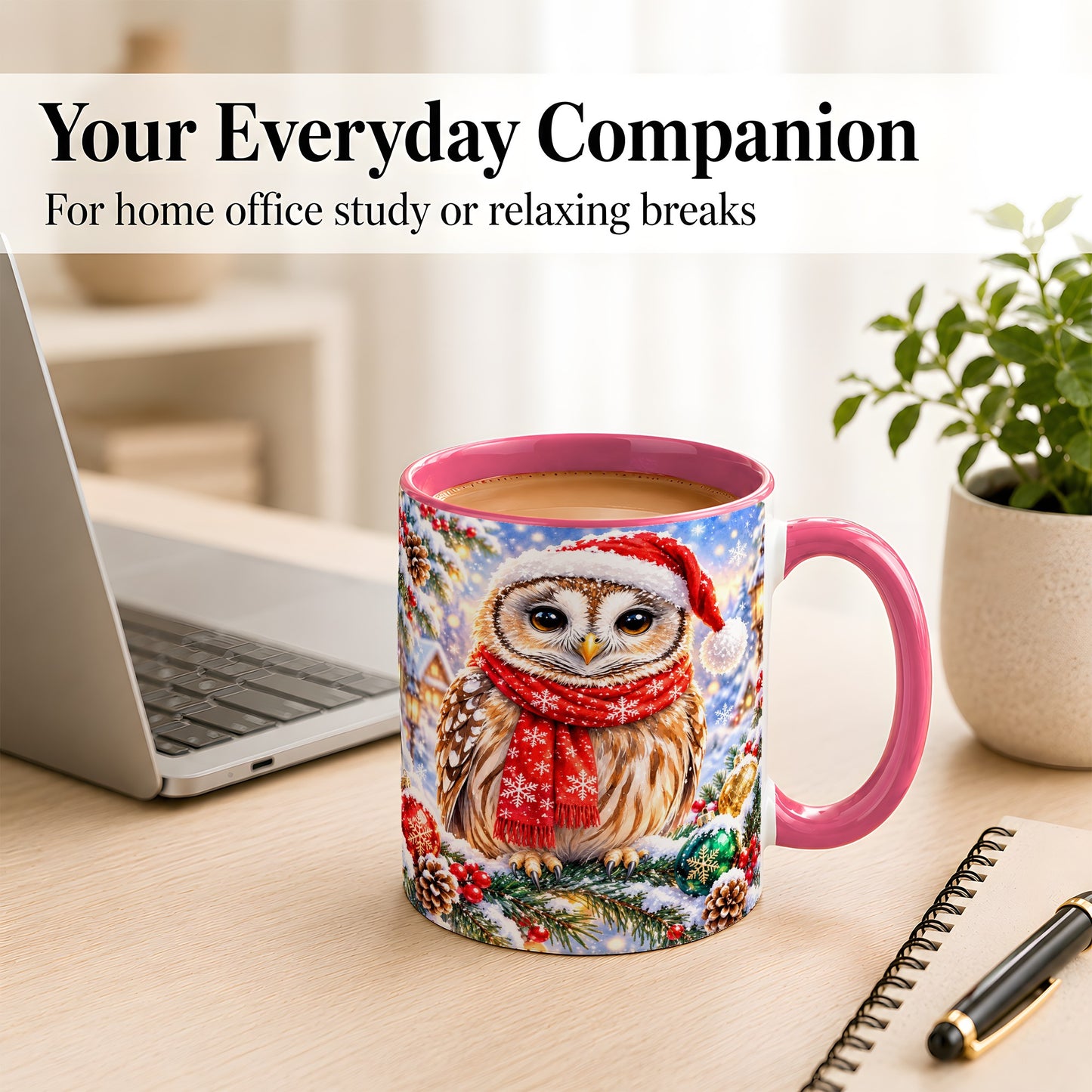 #pl[11oz|Pink] Snowy Village Owl Coffee Mug, Christmas Bird Mug, Ceramic Cup