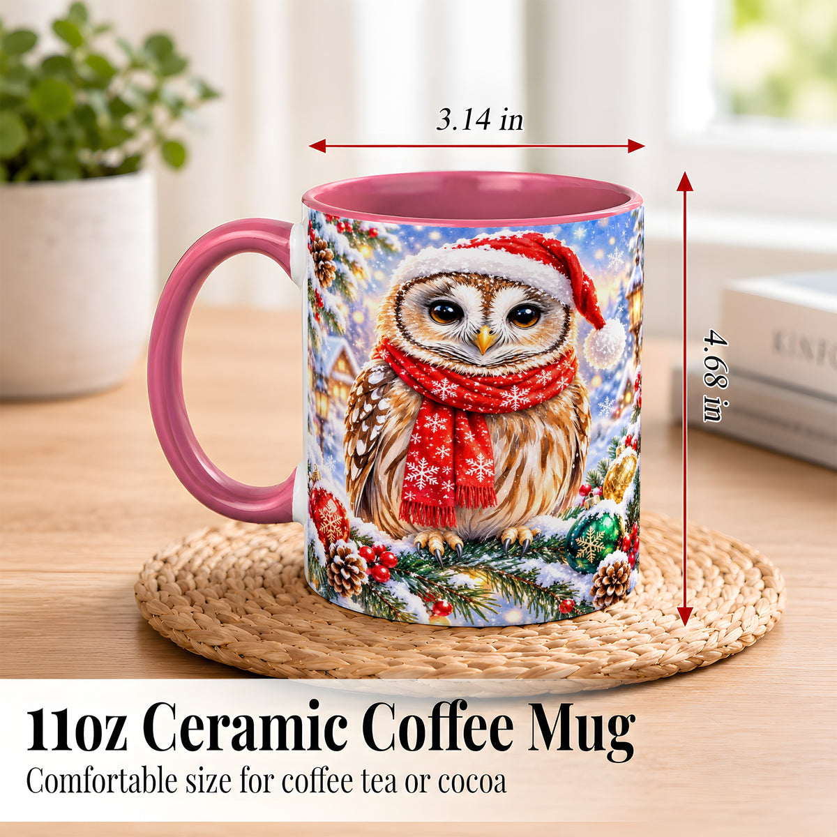 #pl[11oz|Pink] Snowy Village Owl Coffee Mug, Christmas Bird Mug, Ceramic Cup