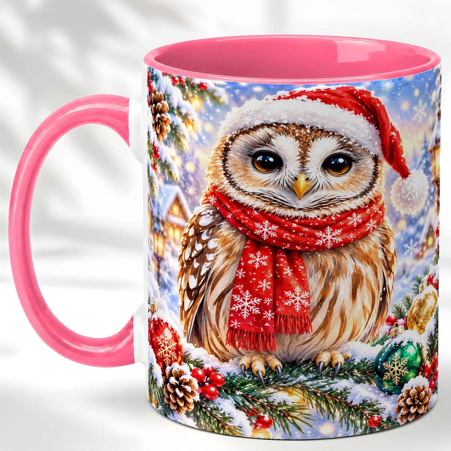 #pl[11oz|Pink] Snowy Village Owl Coffee Mug, Christmas Bird Mug, Ceramic Cup