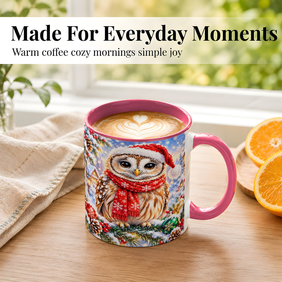 #pl[11oz|Pink] Snowy Village Owl Coffee Mug, Christmas Bird Mug, Ceramic Cup
