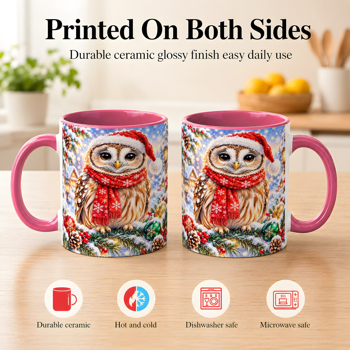 #pl[11oz|Pink] Snowy Village Owl Coffee Mug, Christmas Bird Mug, Ceramic Cup