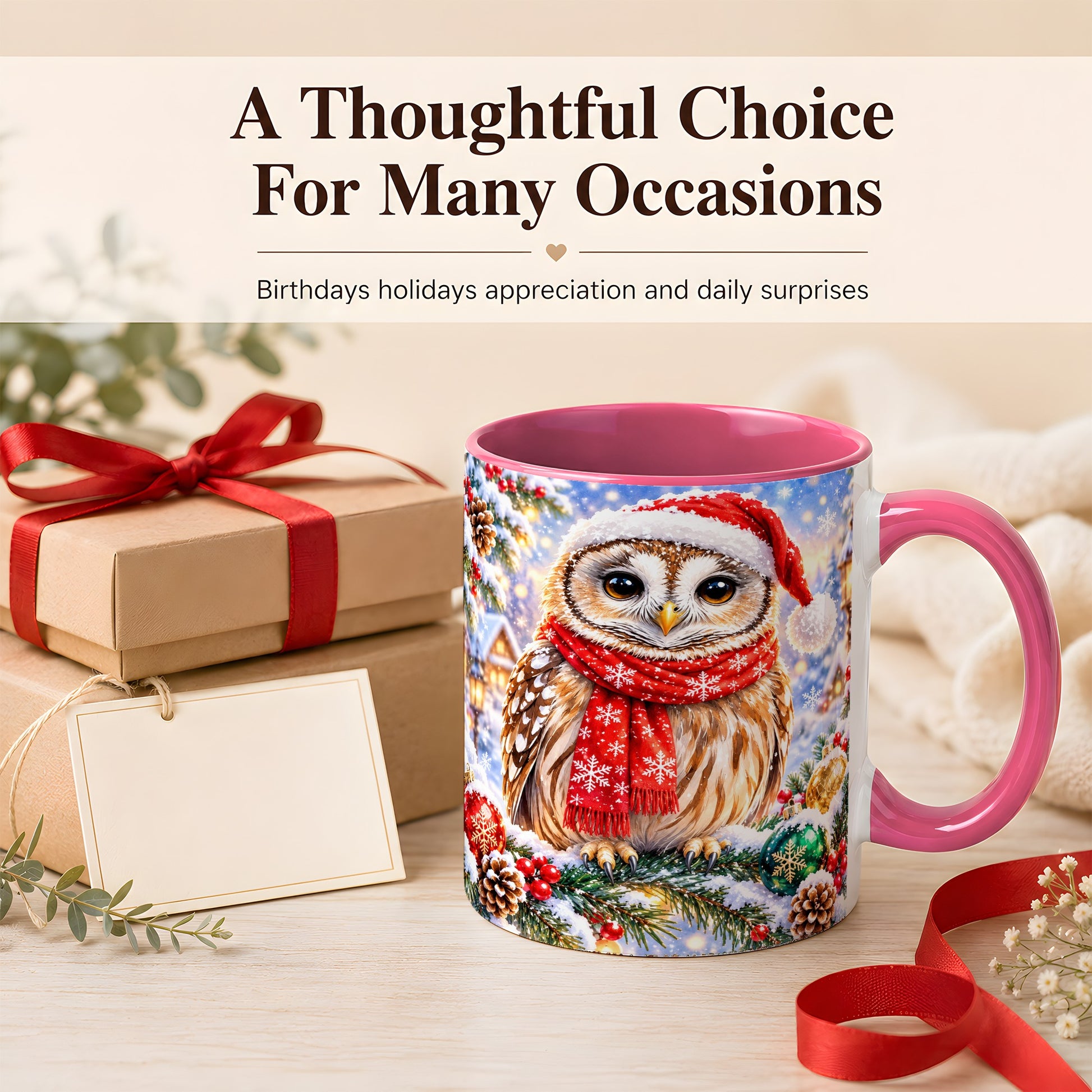 #pl[11oz|Pink] Snowy Village Owl Coffee Mug, Christmas Bird Mug, Ceramic Cup