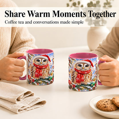 #pl[11oz|Pink] Snowy Village Owl Coffee Mug, Christmas Bird Mug, Ceramic Cup