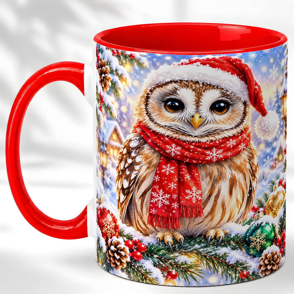 Snowy Village Owl Coffee Mug, Christmas Bird Mug, Ceramic Cup
