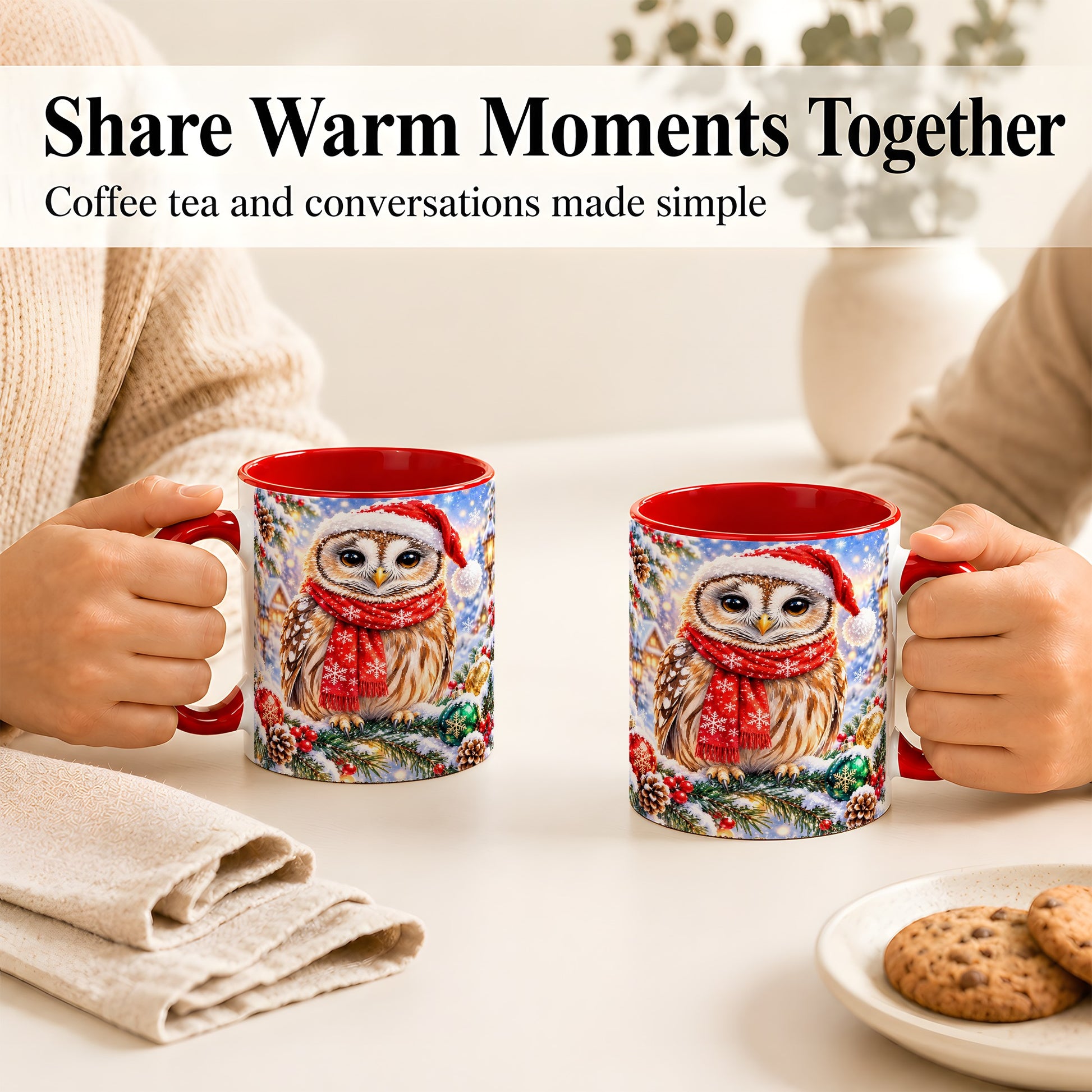 #pl[11oz|Red] Snowy Village Owl Coffee Mug, Christmas Bird Mug, Ceramic Cup