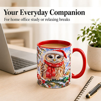 #pl[11oz|Red] Snowy Village Owl Coffee Mug, Christmas Bird Mug, Ceramic Cup