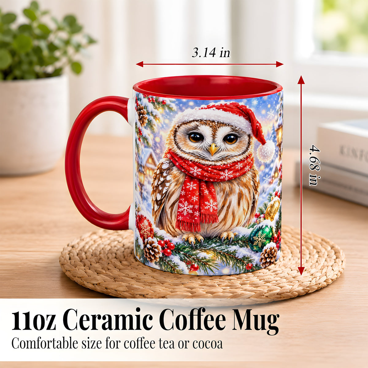 #pl[11oz|Red] Snowy Village Owl Coffee Mug, Christmas Bird Mug, Ceramic Cup