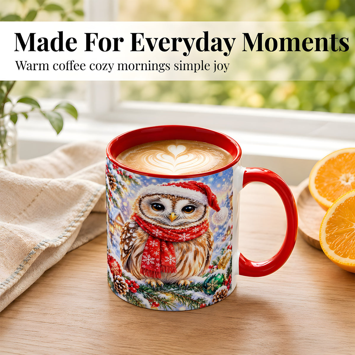 #pl[11oz|Red] Snowy Village Owl Coffee Mug, Christmas Bird Mug, Ceramic Cup