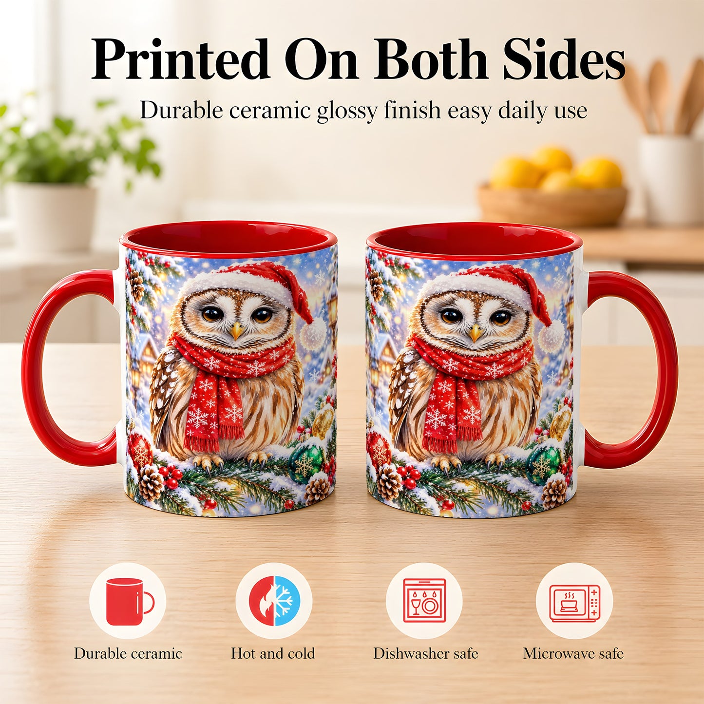 #pl[11oz|Red] Snowy Village Owl Coffee Mug, Christmas Bird Mug, Ceramic Cup