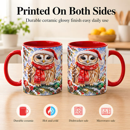 #pl[11oz|Red] Snowy Village Owl Coffee Mug, Christmas Bird Mug, Ceramic Cup