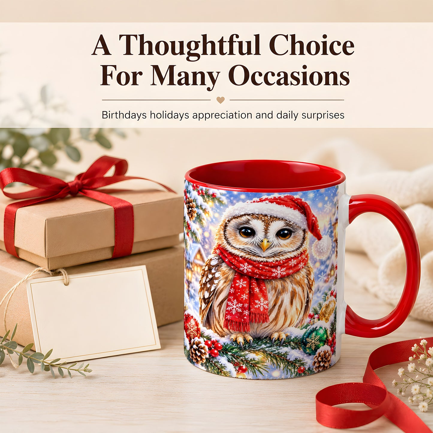 #pl[11oz|Red] Snowy Village Owl Coffee Mug, Christmas Bird Mug, Ceramic Cup