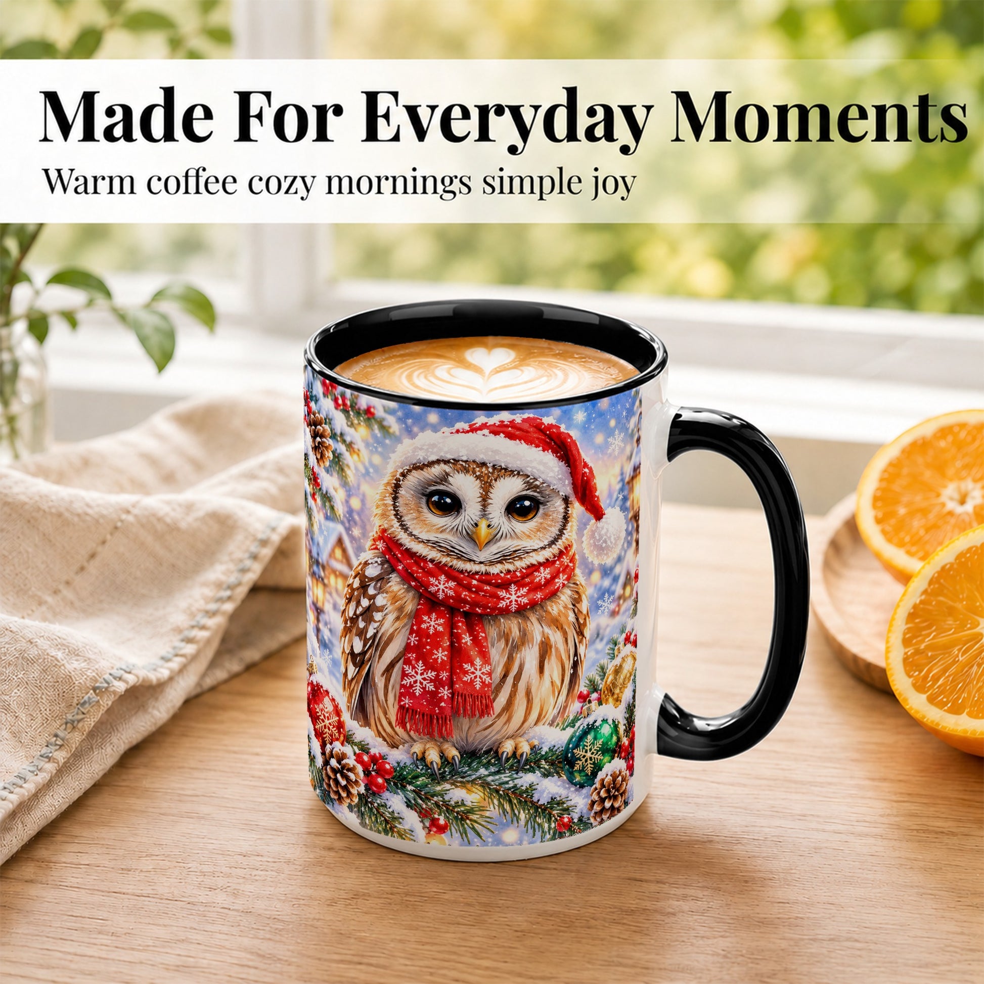 #pl[15oz|Black] Snowy Village Owl Coffee Mug, Christmas Bird Mug, Ceramic Cup