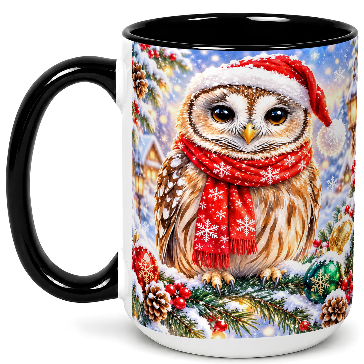 #pl[15oz|Black] Snowy Village Owl Coffee Mug, Christmas Bird Mug, Ceramic Cup