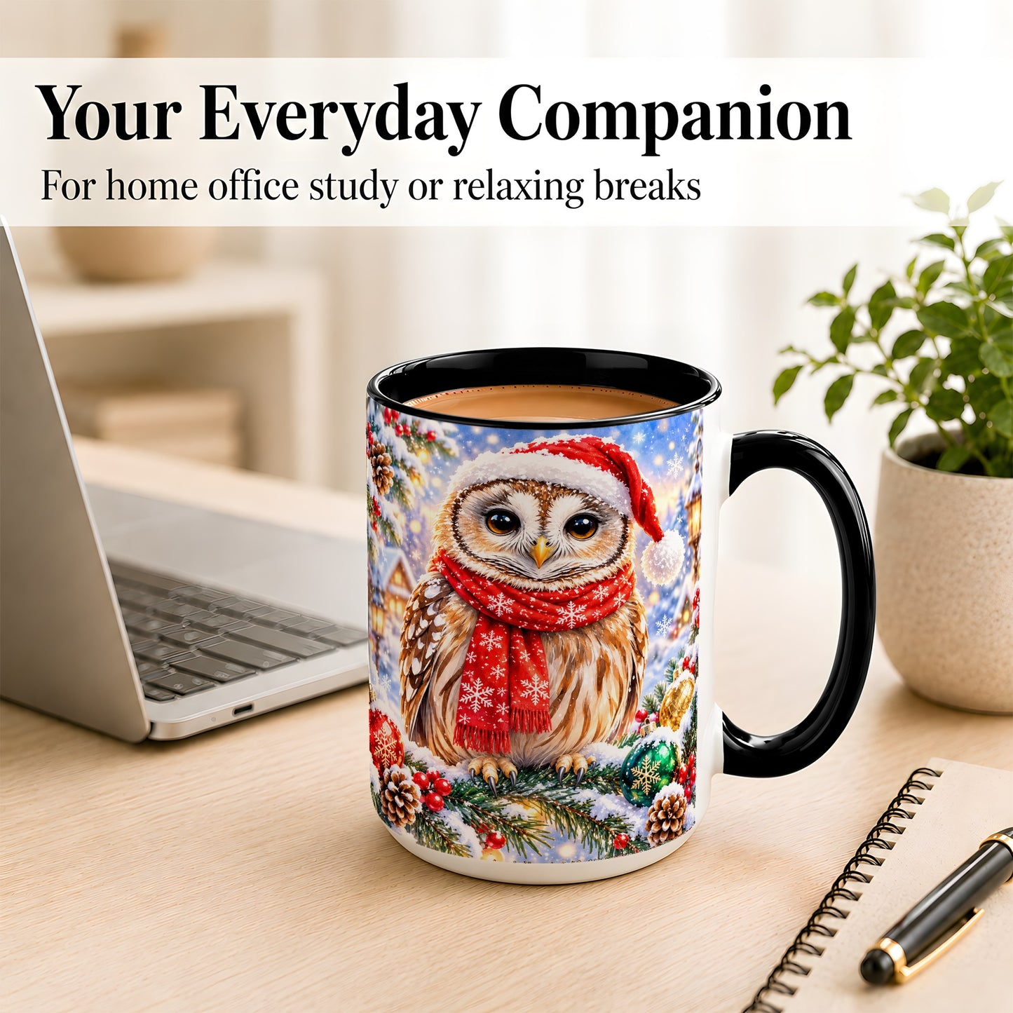 #pl[15oz|Black] Snowy Village Owl Coffee Mug, Christmas Bird Mug, Ceramic Cup