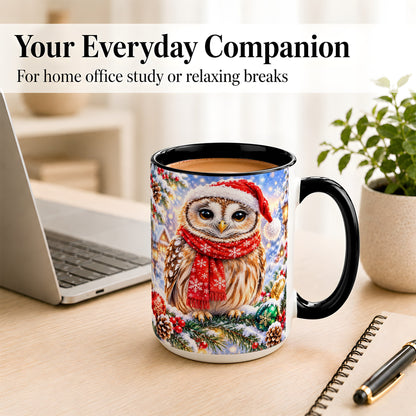 #pl[15oz|Black] Snowy Village Owl Coffee Mug, Christmas Bird Mug, Ceramic Cup