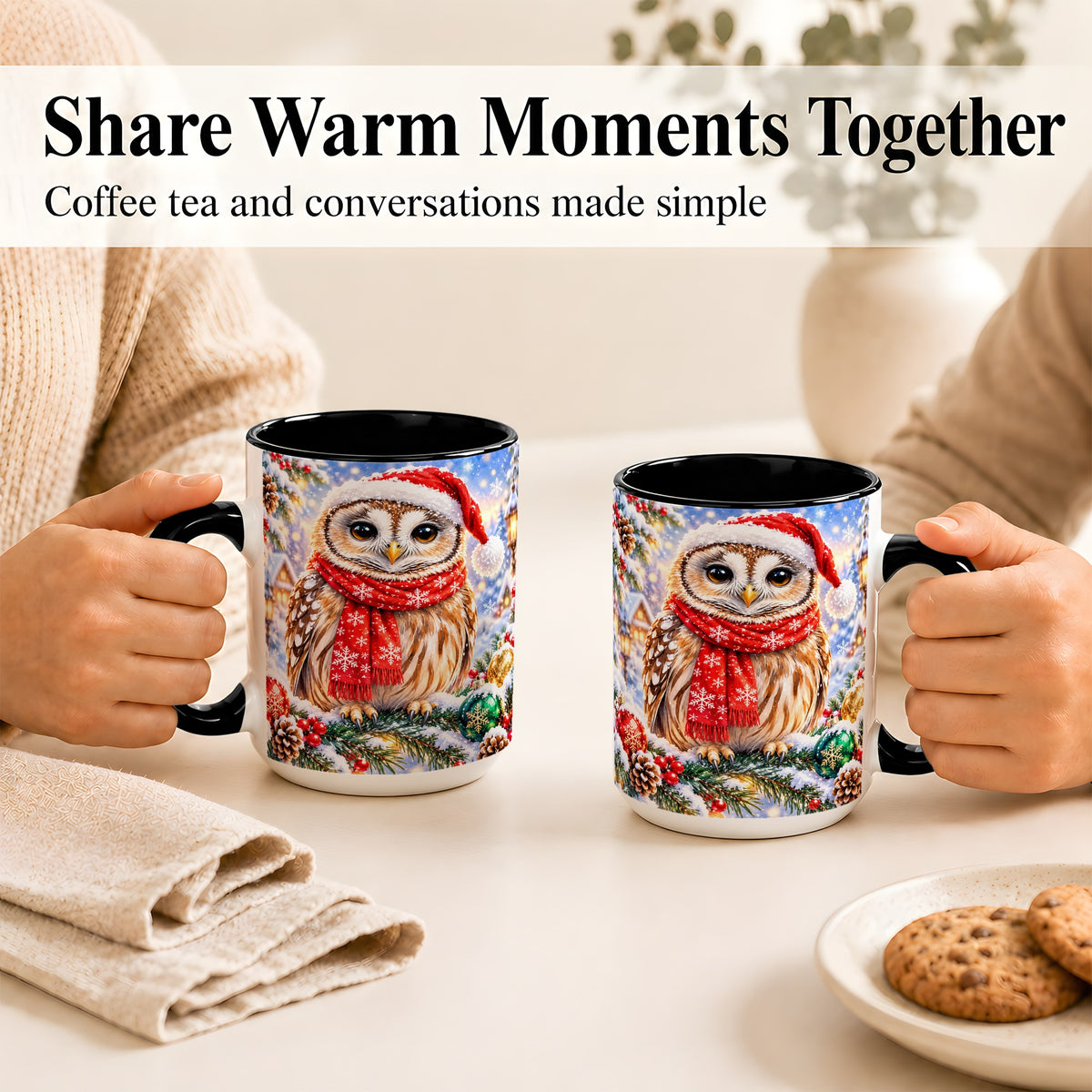 #pl[15oz|Black] Snowy Village Owl Coffee Mug, Christmas Bird Mug, Ceramic Cup