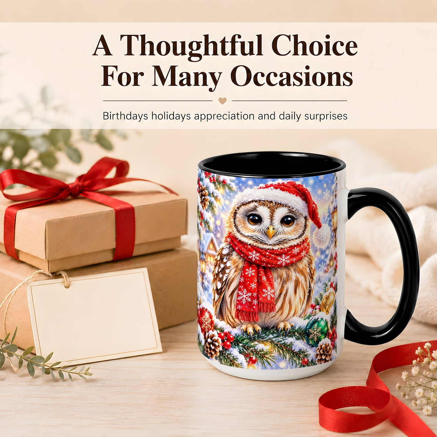 #pl[15oz|Black] Snowy Village Owl Coffee Mug, Christmas Bird Mug, Ceramic Cup