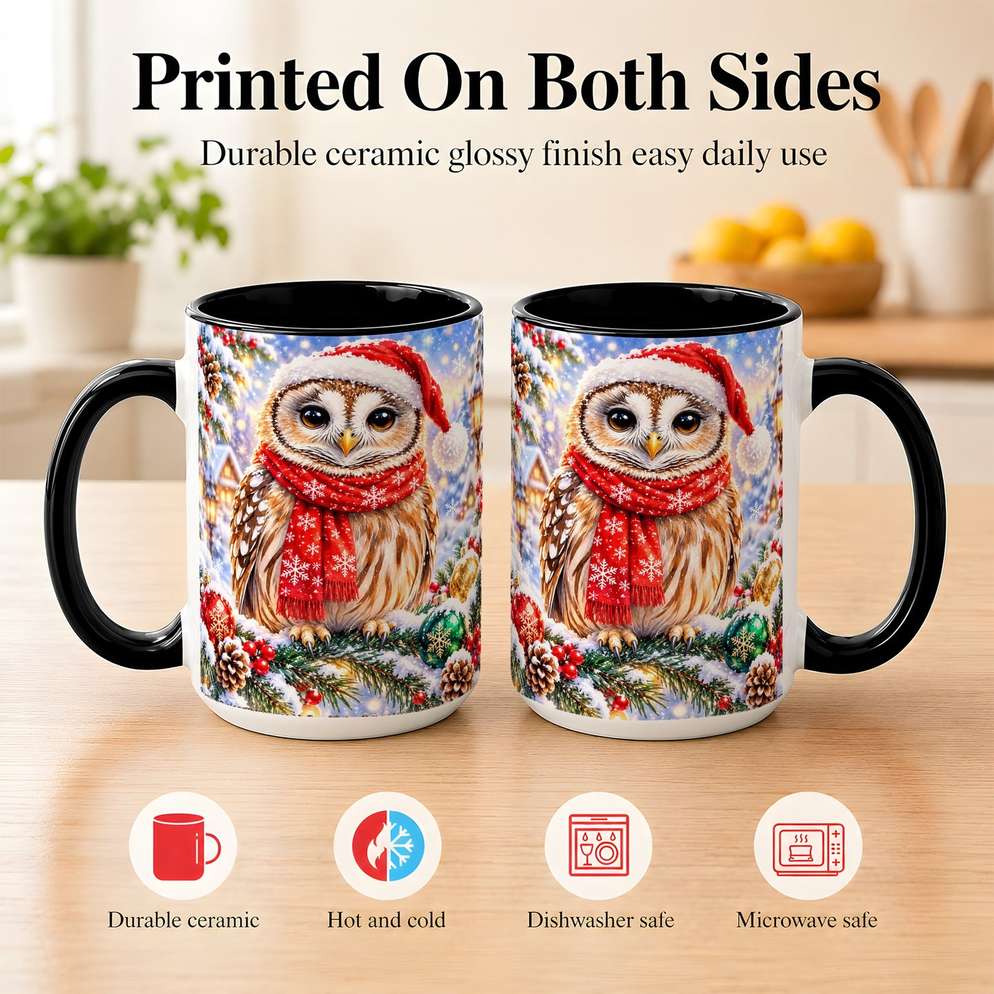 #pl[15oz|Black] Snowy Village Owl Coffee Mug, Christmas Bird Mug, Ceramic Cup