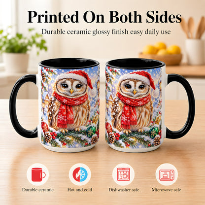 #pl[15oz|Black] Snowy Village Owl Coffee Mug, Christmas Bird Mug, Ceramic Cup