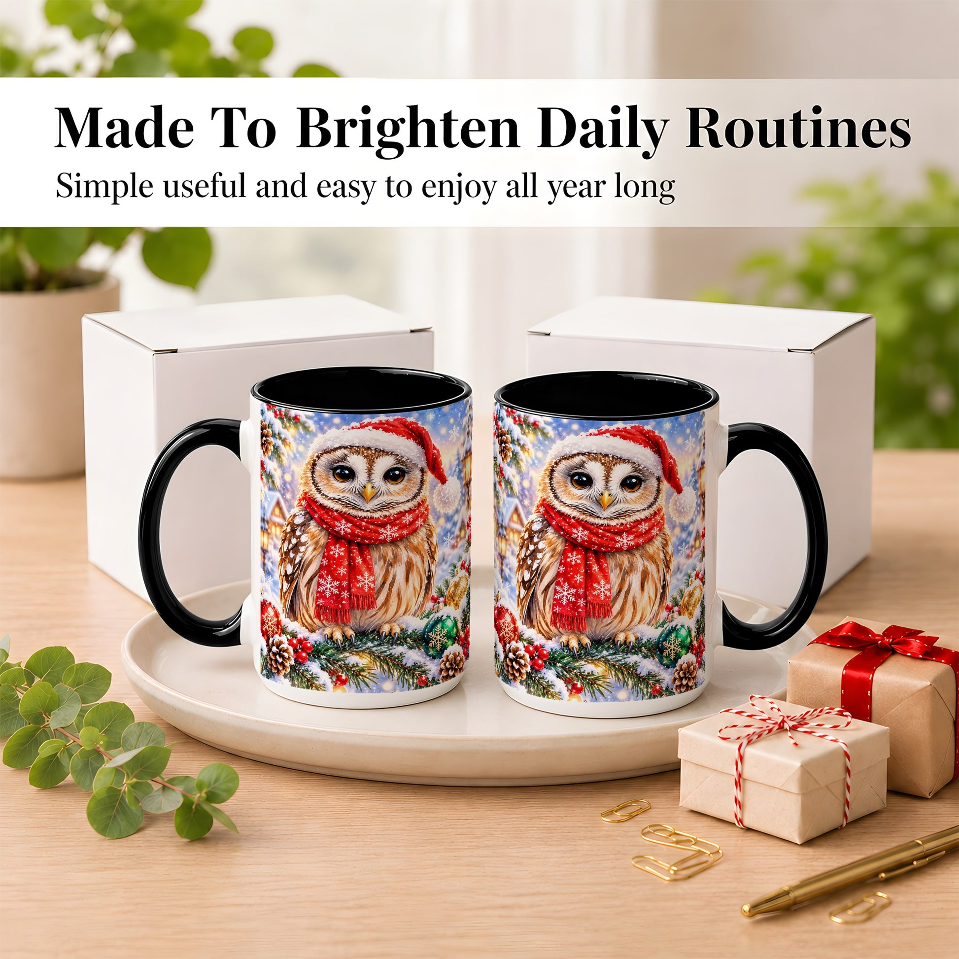 #pl[15oz|Black] Snowy Village Owl Coffee Mug, Christmas Bird Mug, Ceramic Cup