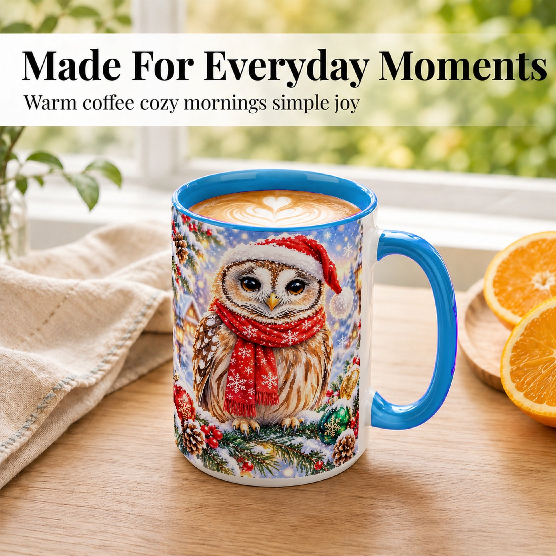 #pl[15oz|Blue] Snowy Village Owl Coffee Mug, Christmas Bird Mug, Ceramic Cup