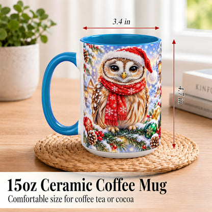 #pl[15oz|Blue] Snowy Village Owl Coffee Mug, Christmas Bird Mug, Ceramic Cup