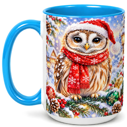 #pl[15oz|Blue] Snowy Village Owl Coffee Mug, Christmas Bird Mug, Ceramic Cup