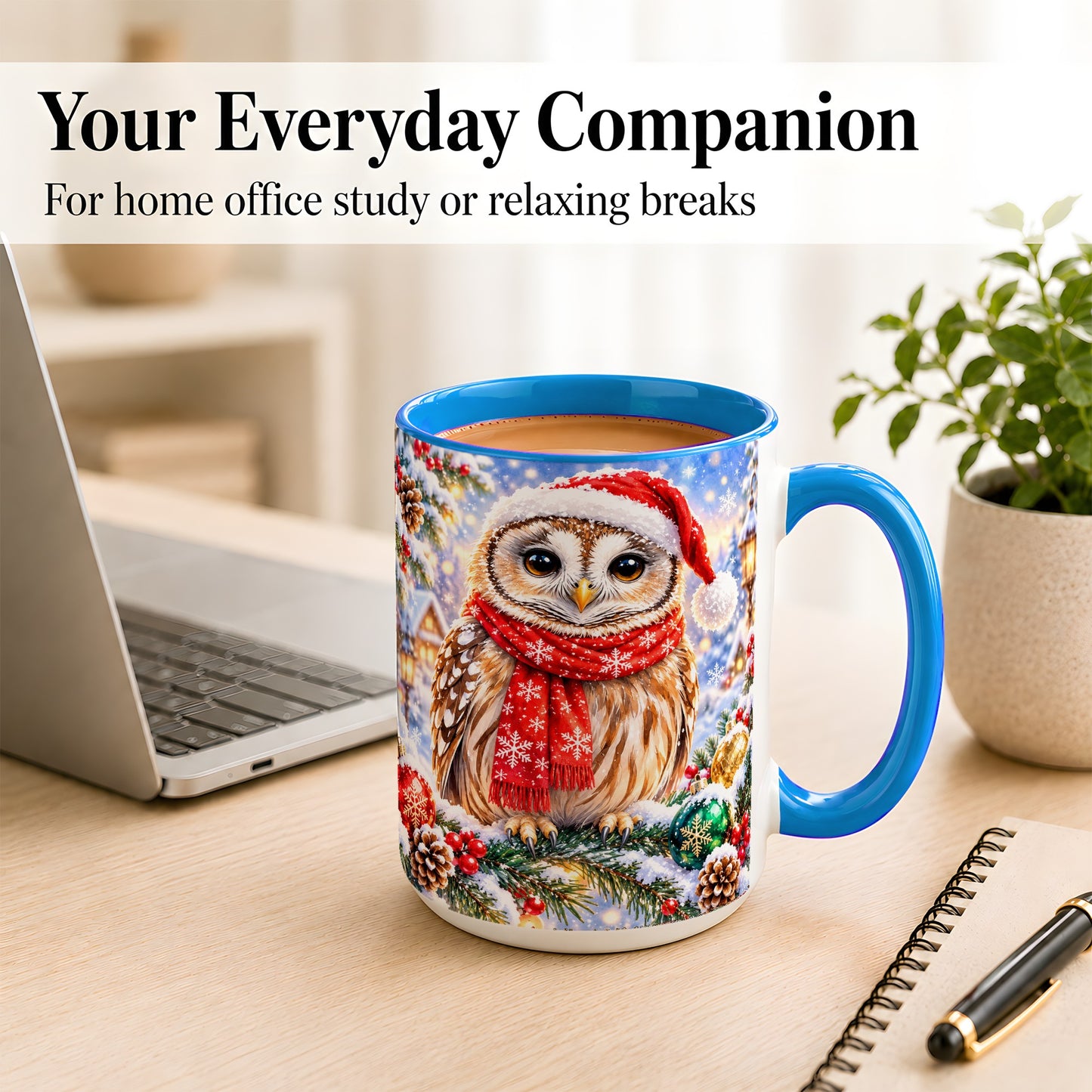 #pl[15oz|Blue] Snowy Village Owl Coffee Mug, Christmas Bird Mug, Ceramic Cup