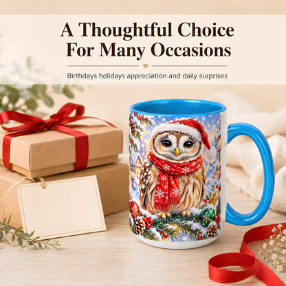 #pl[15oz|Blue] Snowy Village Owl Coffee Mug, Christmas Bird Mug, Ceramic Cup