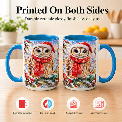 #pl[15oz|Blue] Snowy Village Owl Coffee Mug, Christmas Bird Mug, Ceramic Cup