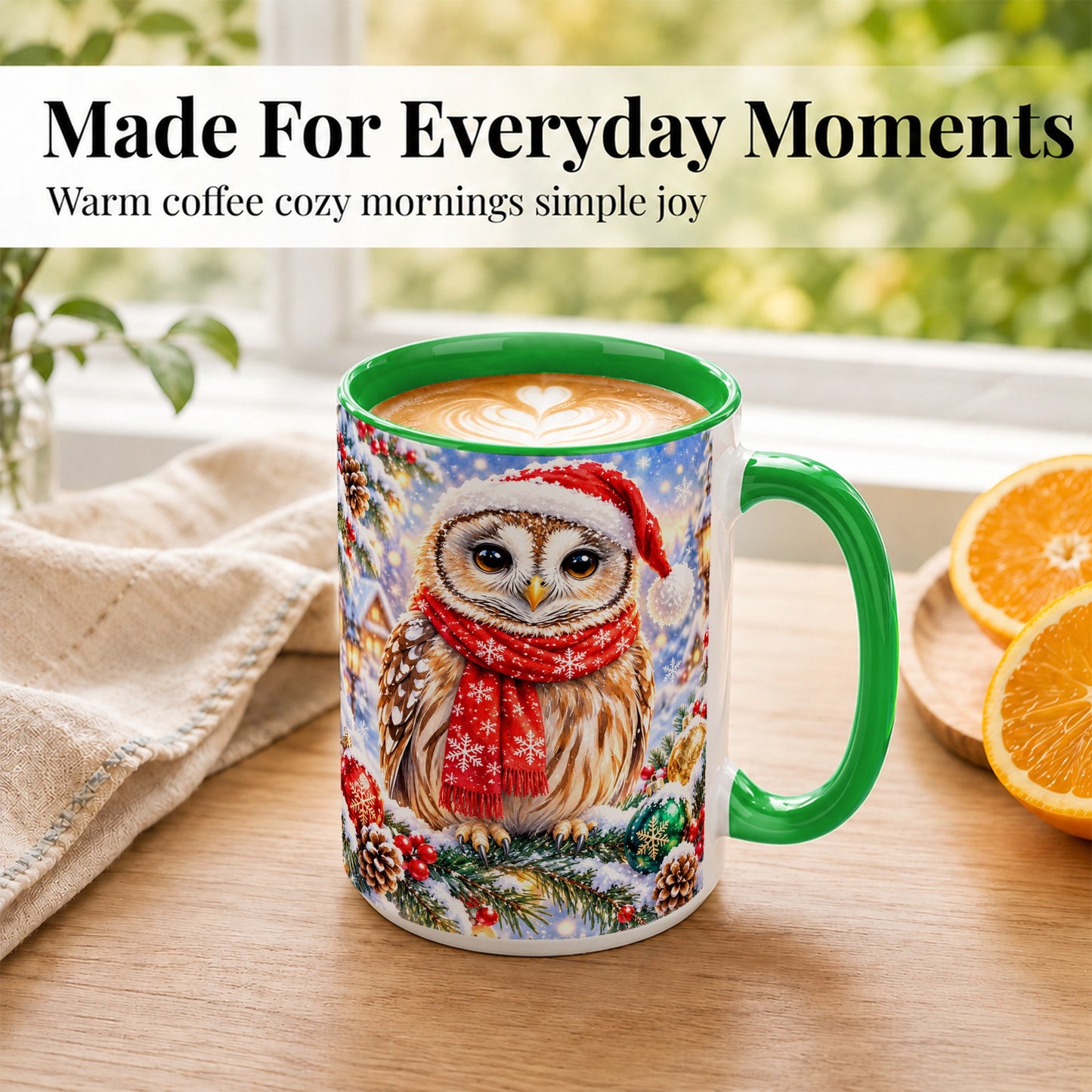 #pl[15oz|Green] Snowy Village Owl Coffee Mug, Christmas Bird Mug, Ceramic Cup