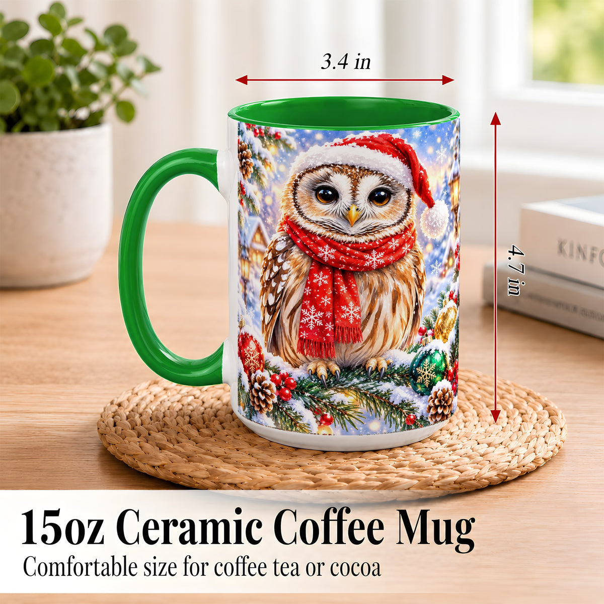 #pl[15oz|Green] Snowy Village Owl Coffee Mug, Christmas Bird Mug, Ceramic Cup
