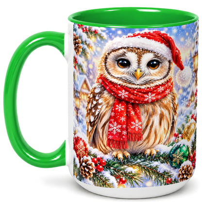 #pl[15oz|Green] Snowy Village Owl Coffee Mug, Christmas Bird Mug, Ceramic Cup