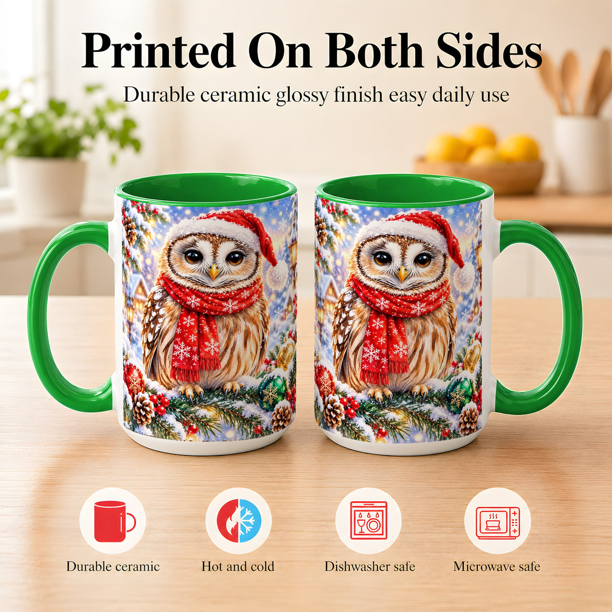 #pl[15oz|Green] Snowy Village Owl Coffee Mug, Christmas Bird Mug, Ceramic Cup
