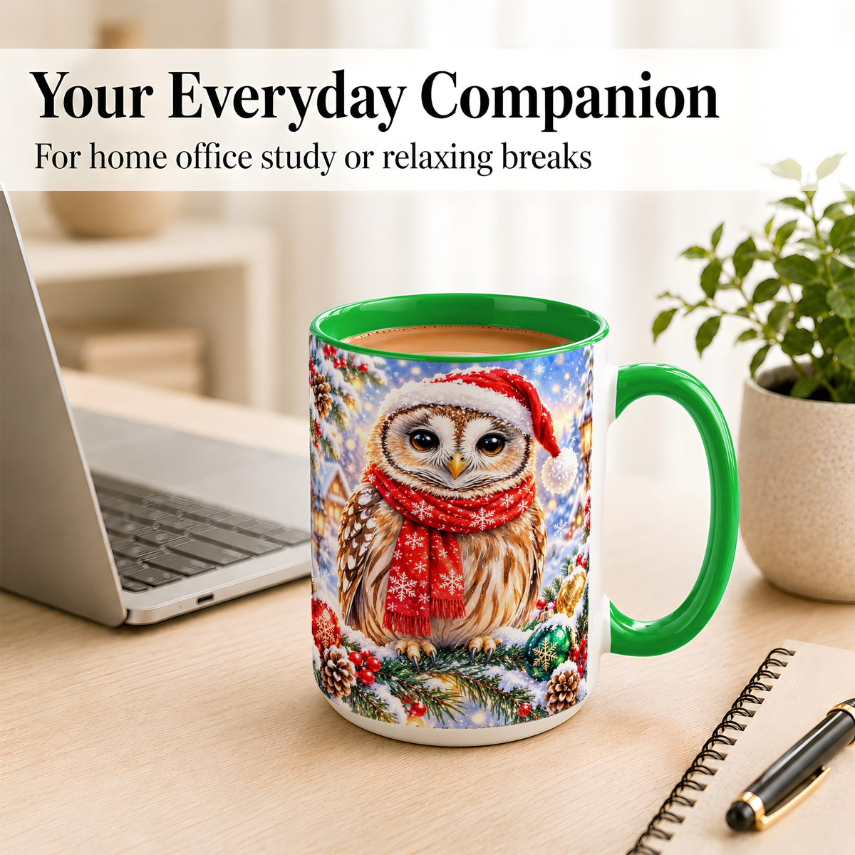 #pl[15oz|Green] Snowy Village Owl Coffee Mug, Christmas Bird Mug, Ceramic Cup