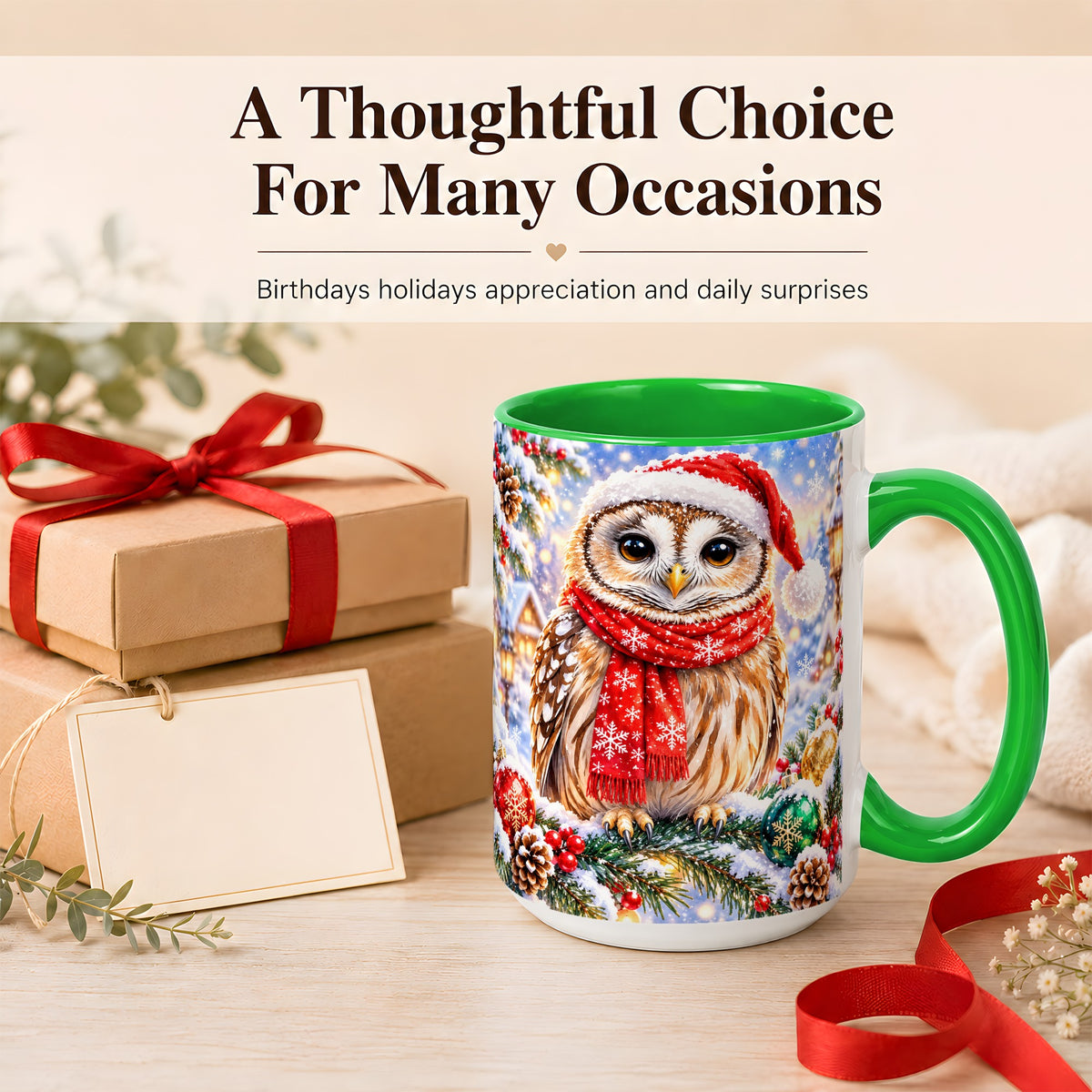 #pl[15oz|Green] Snowy Village Owl Coffee Mug, Christmas Bird Mug, Ceramic Cup