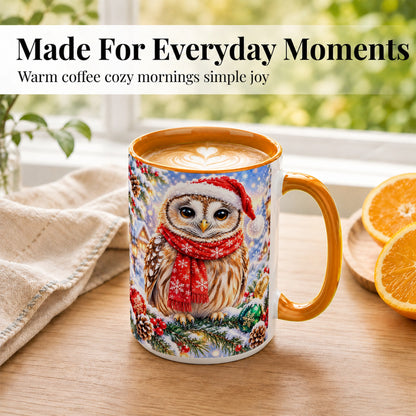 #pl[15oz|Orange] Snowy Village Owl Coffee Mug, Christmas Bird Mug, Ceramic Cup